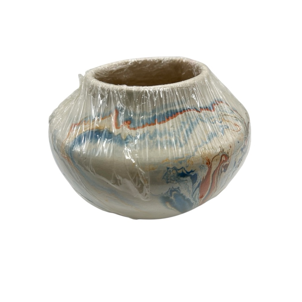 Nemadji Pottery Vase  Orange Blue Peach Swirl Natural Tone USA 5.5” X 4” Tall